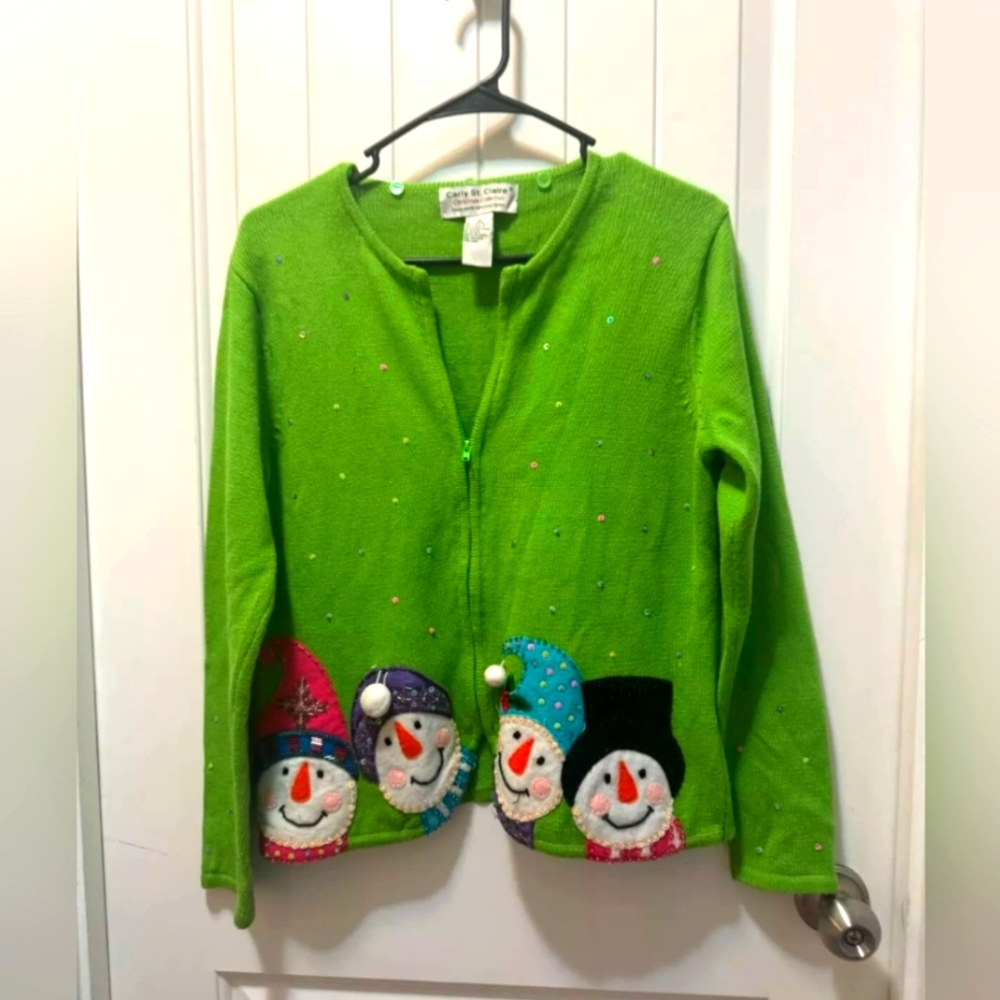 Carly St. Claire Green Christmas Sweater Cardigan Women's Size M Zip-Up